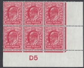 1902 De La Rue 1d Scarlet. SG.219 original gum control block of six (D5)  perf type P/E.  U/M (MNH)