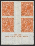 1928  Australia.  SG.94  KGV  ½d orange  perf 13½ x 12½ Ash imprint block of 4 variety break in top frame left of crown. U/M (MNH)