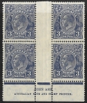 1932  Australia.  SG.128  KGV 3d ultramarine Ash Imprint Block of 4  (N over A) mounted in gutter.