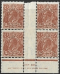 1932  Australia.  SG.130  KGV 5d orange-brown  Ash Imprint block of 4 mounted in gutter.