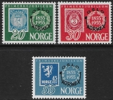 1955 Norway  SG.455-7  Stamp Centenary & International Stamp Exhibition Oslo  overprinted.  set 3 values U/M (MNH)