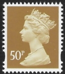 Y1726  50p 2B  ochre. blue fluor ex sheet.  Harrison  U/M (MNH)