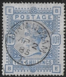 SG.183 10/- ultramarine  with Birmingham CDS postmark. corner letters BE.