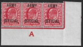 Great Britain  SG.O49 1d scarlet  overprinted ARMY OFFICIAL control A corner strip of 3  U/M (MNH)