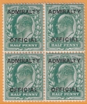 Great Britain  SG.O101  ½d blue-green overprinted ADMIRALTY OFFICIAL  (type O10) block of 4 U/M (MNH)