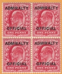 Great Britain  SG.O102 1d scarlet overprinted ADMIRALTY OFFICIAL  (type O10) block of 4 (top stamps lightly mounted).