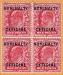 Great Britain  SG.O108  1d scarlet overprinted ADMIRALTY OFFICIAL  (type O11) block of 4  top 2 stamps mounted