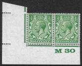 KGV Block  Cypher SG.418  ½d green control M30 corner pair U/M (MNH)