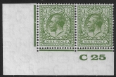 KGV Block Cypher SG.427 9d olive green  corner pair control C25 U/M (MNH)