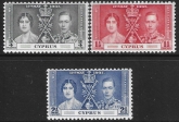 1937 Cyprus  SG.148-50  Coronation set 3 values U/M (MNH)