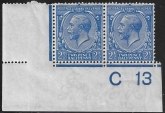 King George V 2½d  blue Royal Cypher. control C13 imperf. corner pair  U/M