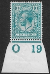 King George V 10d turquoise blue  Royal Cypher. Control O19  imperf M/M