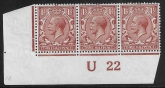 KGV.  1½d chestnut   Royal Cypher. Control U22 corner strip of 3  imperf U/M