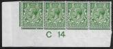 KGV.  ½d green   Royal Cypher. Control C14 corner strip of 4   imperf U/M