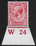King George V  1d red Royal Cypher.  Control W24  imperf. M/M