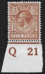 King George V  5d brown  Royal Cypher. Control Q21 imperf M/M