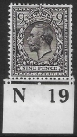 KGV.  9d agate  Royal Cypher. Control N19 imperf M/M