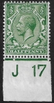 King George V   ½d green  Royal Cypher. Control J17 imperf M/M