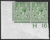 KGV.   ½d green  Royal Cypher.  corner pair Control H16  imperf M/M