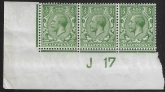 King George V   ½d green  Royal Cypher.  corner strip 3  Control J17  imperf M/M