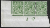 KGV. ½d green  Royal Cypher.  corner strip 3  Control J17  imperf M/M