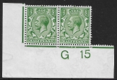 King George V   ½d green  Royal Cypher.    Control G15  corner pair imperf M/M