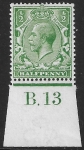 King George V   ½d green  Royal Cypher.    Control B.13  imperf M/M