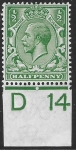 King George V   ½d green  Royal Cypher.    Control D14  imperf M/M