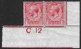 King George V  1d red Royal Cypher.  Control  C12 corner pair  imperf. M/M