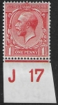 King George V  1d red Royal Cypher.  Control  J17  imperf. M/M