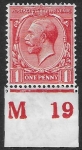 King George V  1d red Royal Cypher.  Control  M19  imperf. M/M