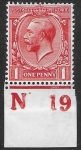 King George V  1d red Royal Cypher.  Control  N19  imperf. M/M