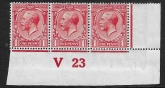 King George V  1d red Royal Cypher.  Control  V23 corner strip of 3  imperf. M/M