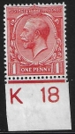 King George V  1d red Royal Cypher.  Control  K18  imperf. M/M