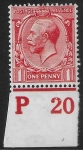 King George V  1d red Royal Cypher.  Control  P20  imperf. M/M