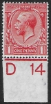King George V  1d red Royal Cypher.  Control  D14  imperf. M/M
