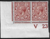 KGV.  1½d brown  control V23 corner pair Royal Cypher imperf  M/M
