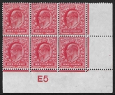 1902 De La Rue 1d Scarlet. SG.219 original gum control block of six (E5)  perf type V1 or V4.  U/M (MNH)