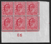 1902 De La Rue 1d Scarlet. SG.219 original gum control block of six (E6)  perf type V2A.  U/M (MNH)