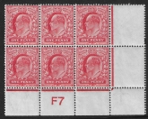 1902 De La Rue 1d Scarlet. SG.219 original gum control block of six (F7)  perf type V2(a)  U/M (MNH)