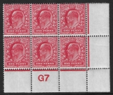1902 De La Rue 1d Scarlet. SG.219 original gum control block of six (G7)  perf type V2(a)  U/M (MNH)