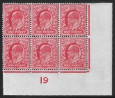 1902 De La Rue 1d Scarlet. SG.219 original gum control block of six (I9)  perf type V2A or V4  U/M (MNH)