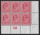 1902 De La Rue 1d Scarlet. SG.219 perf type V2 (13 pin) block of six (G8) U/M (MNH)