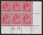 1902 Harrison 1d Scarlet. perf 14 control block of six A11 wide  perf type H2A(d)  U/M (MNH)