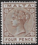 1885-90  Malta  SG.27  4d brown  perf 14 crown CA  mounted mint