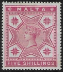 1886  Malta  SG.30  5/- rose  mounted mint