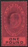 1908 Gibraltar. SG.64 KEVII £1 deep purple black/red. very lightly mounted mint. (see scan of back)