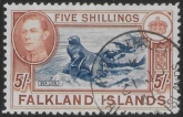 1938  Falkland Islands. SG.161a  5/-  indigo & pale yellow brown.  fine used