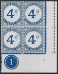 1957 Tristan Da Cunha. D4a 4d blue. post due 'broken d' (top left stamp in block of 4) U/M (MNH)