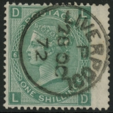 Great Britain 1871 SG.117   1/- green. plate 6 'DL'  wmk. spray. Liverpool CDS.